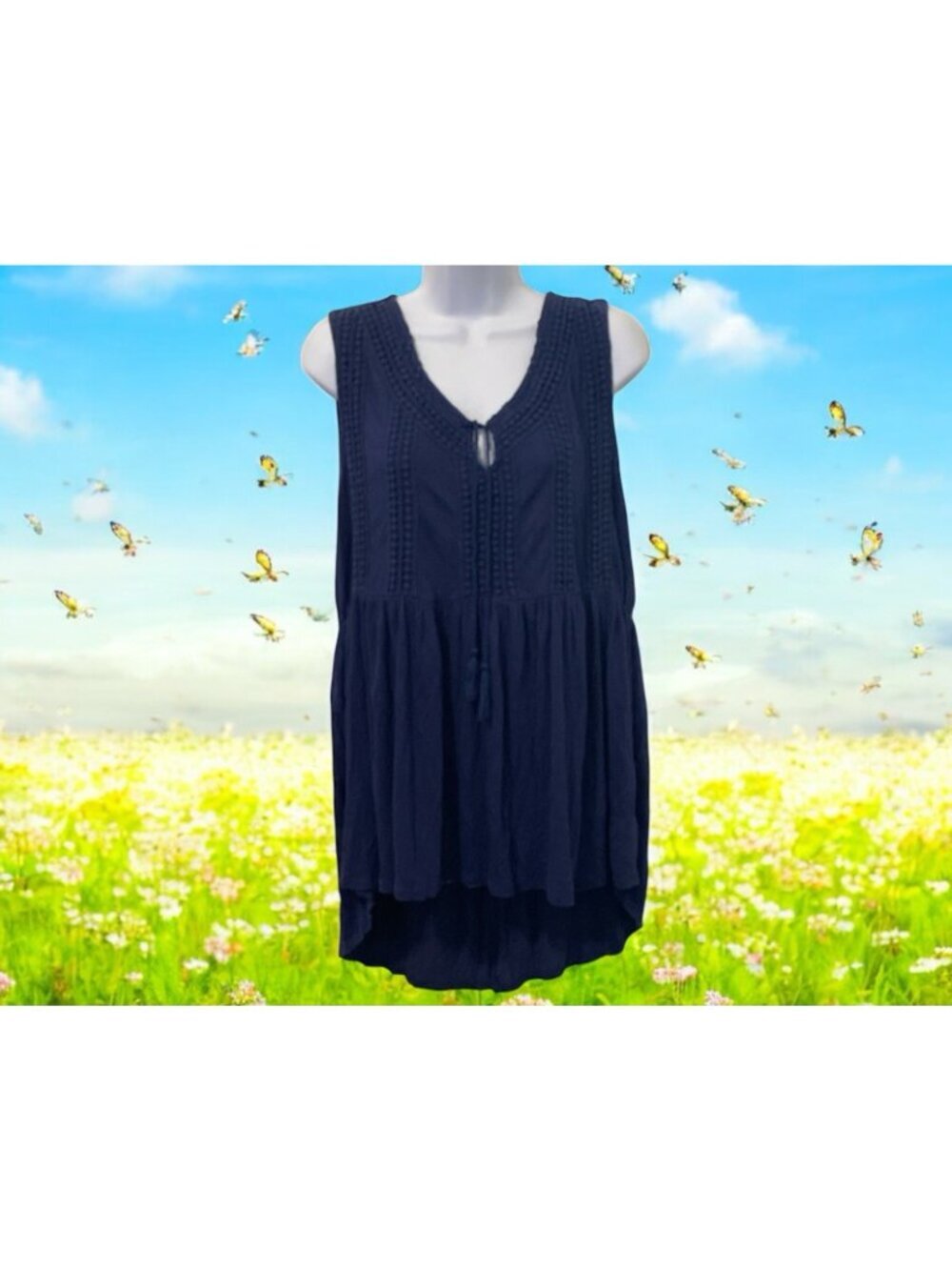 New Directions Weekend Womens Crochet Tunic Blouse Size L Blue Sleeveless